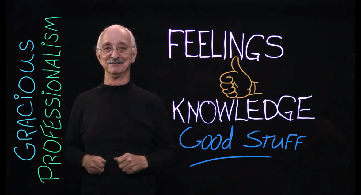 A photo of Dr. Woodie Flowers with the words Gracious Professionalism, Feelings, Knowledge, Good Stuff.