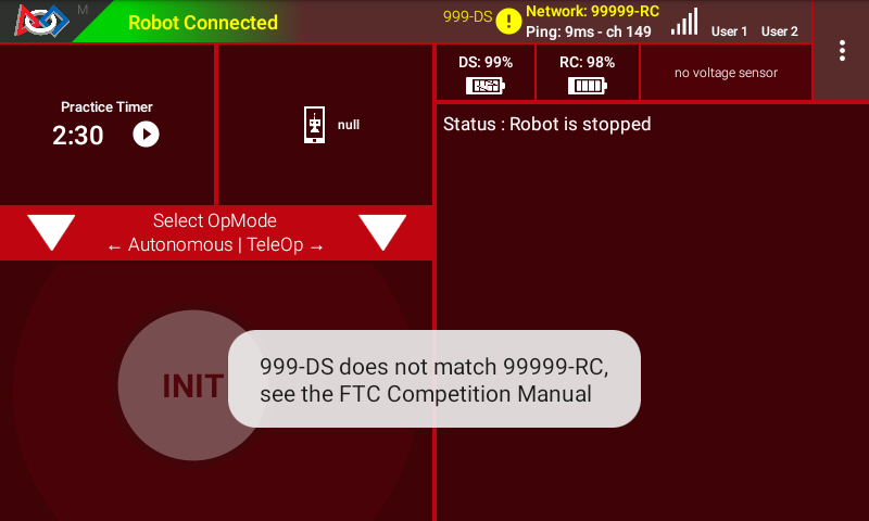 Driver Station screen showing the yellow icon mismatch, and the name mismatch pop up message.