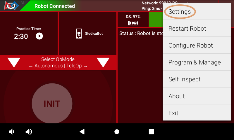 Driver Station main pop-up menu showing the Settings option highlighted with an orange circle.